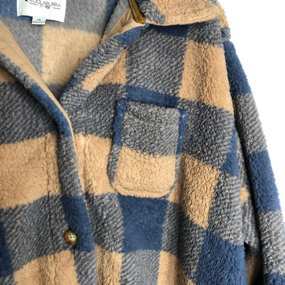 Koolaburra by UGG Brushed Sherpa Cozy Shacket blue tan/brown plaid SZ 1X D11 - Picture 4 of 6